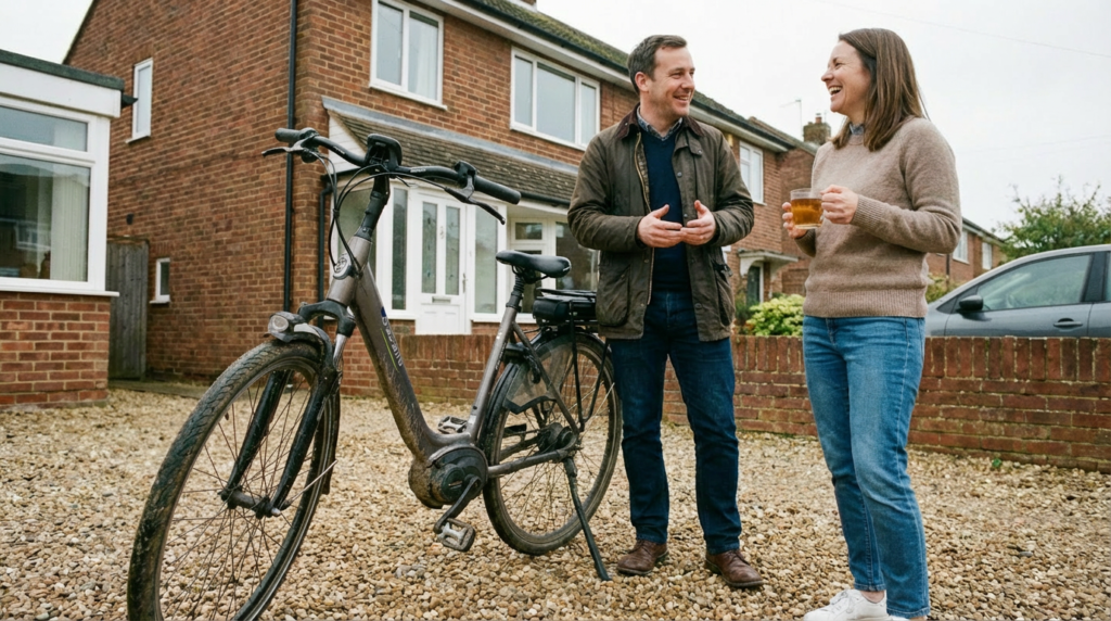 a man and woman negotiating the sale of an e-bike