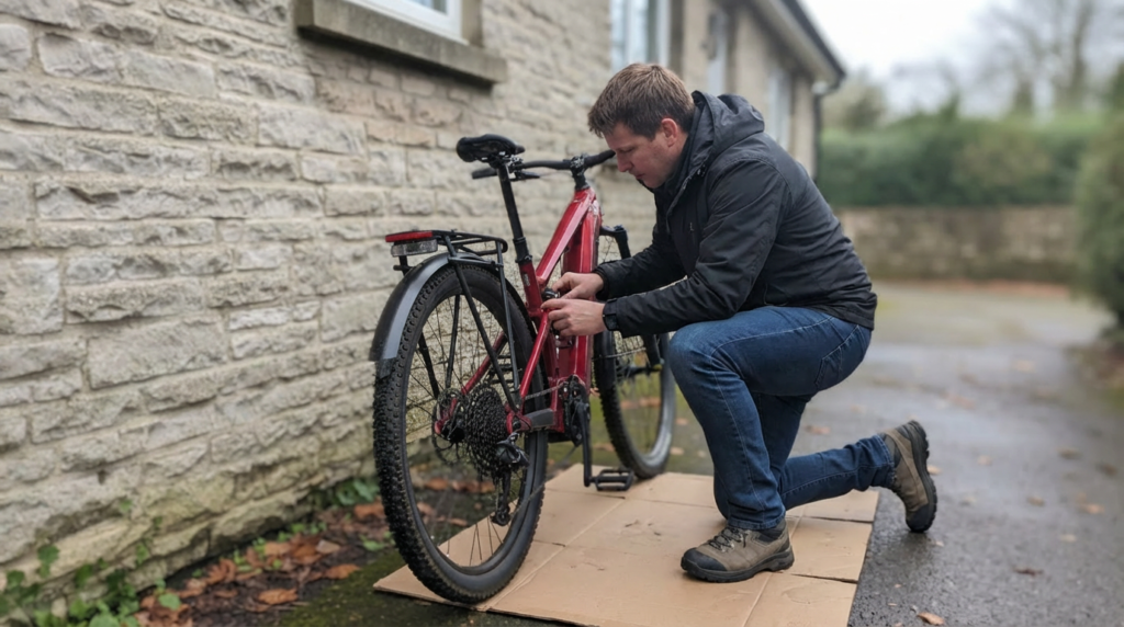a man kneeling down inspecting an e-bike