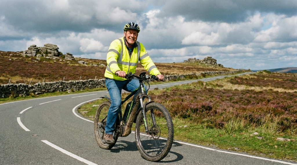 a man riding an e-bike on a moorland