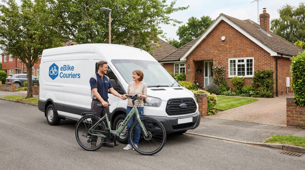 an e-bike delivery driver handing over a bike to a customer