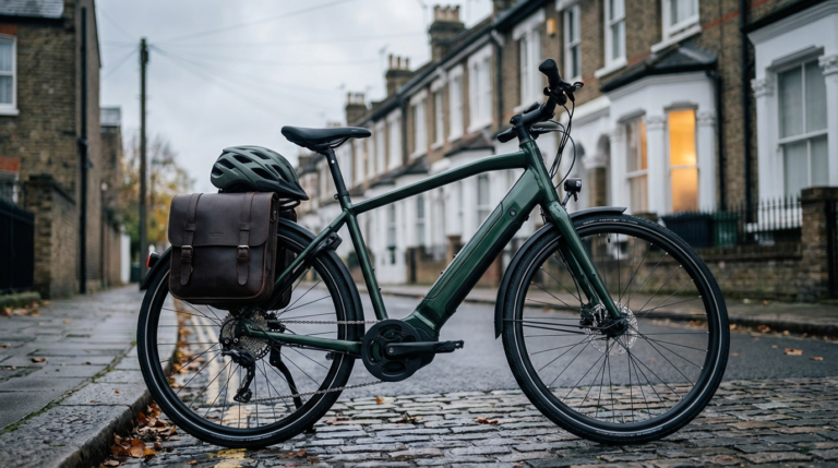 an e-bike pictured on a damp cobbled british street under gloomy skies - used e-bike buyer's guide