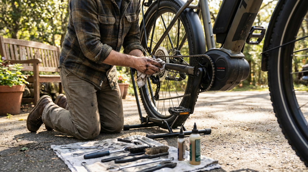 a person servicing an e-bike