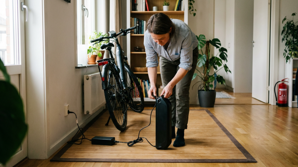 a person charging an e-bike battery indoors