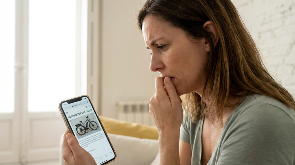 a concerned looking woman viewing a suspicious e-bike listing on a smartphone
