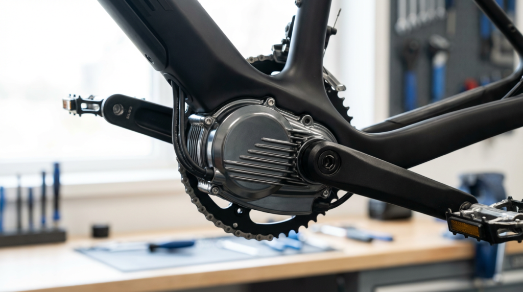 a close-up image of a typical mid-drive e-bike motor