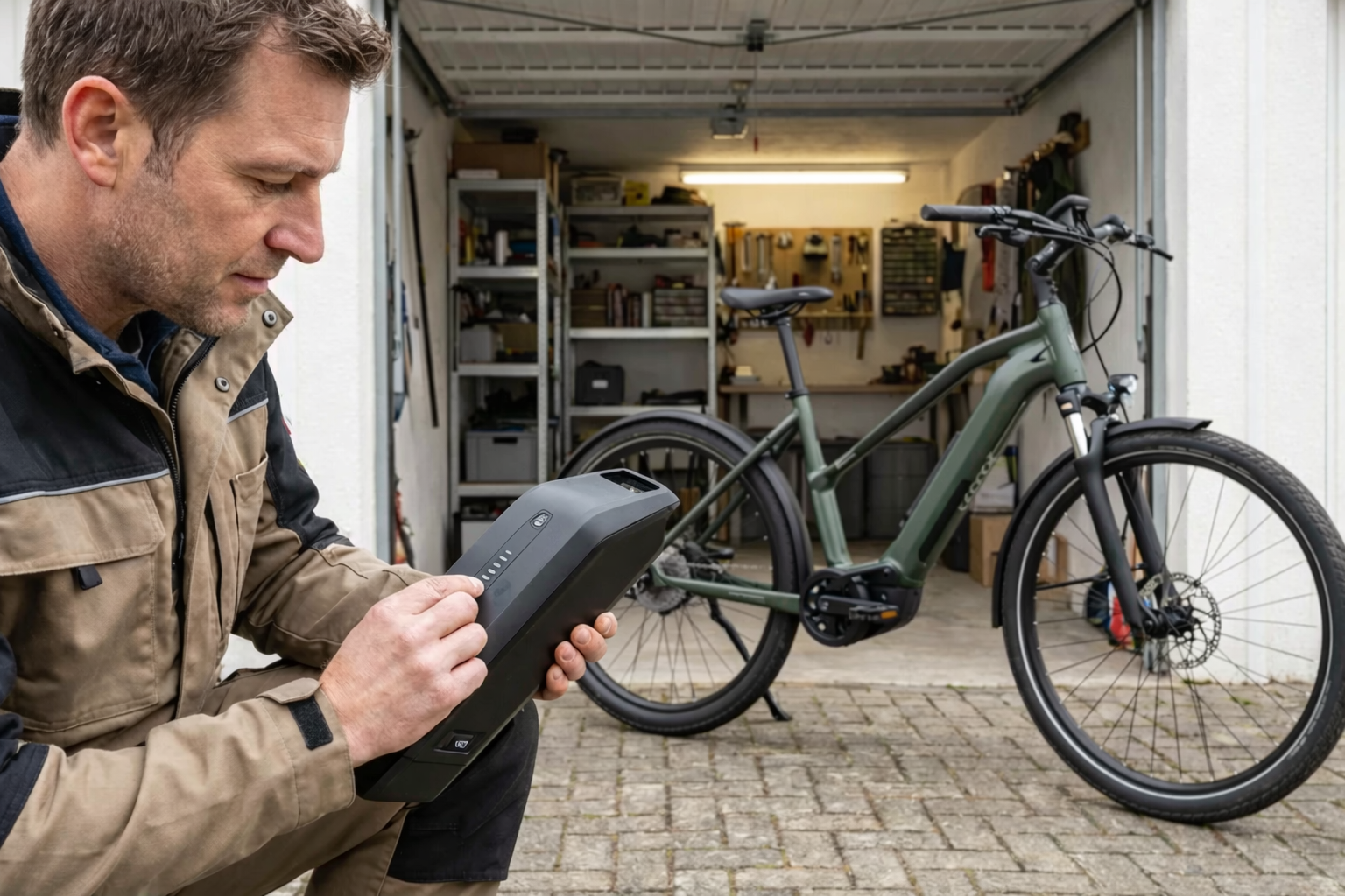 a man doing a visual inspection of an e-bike battery