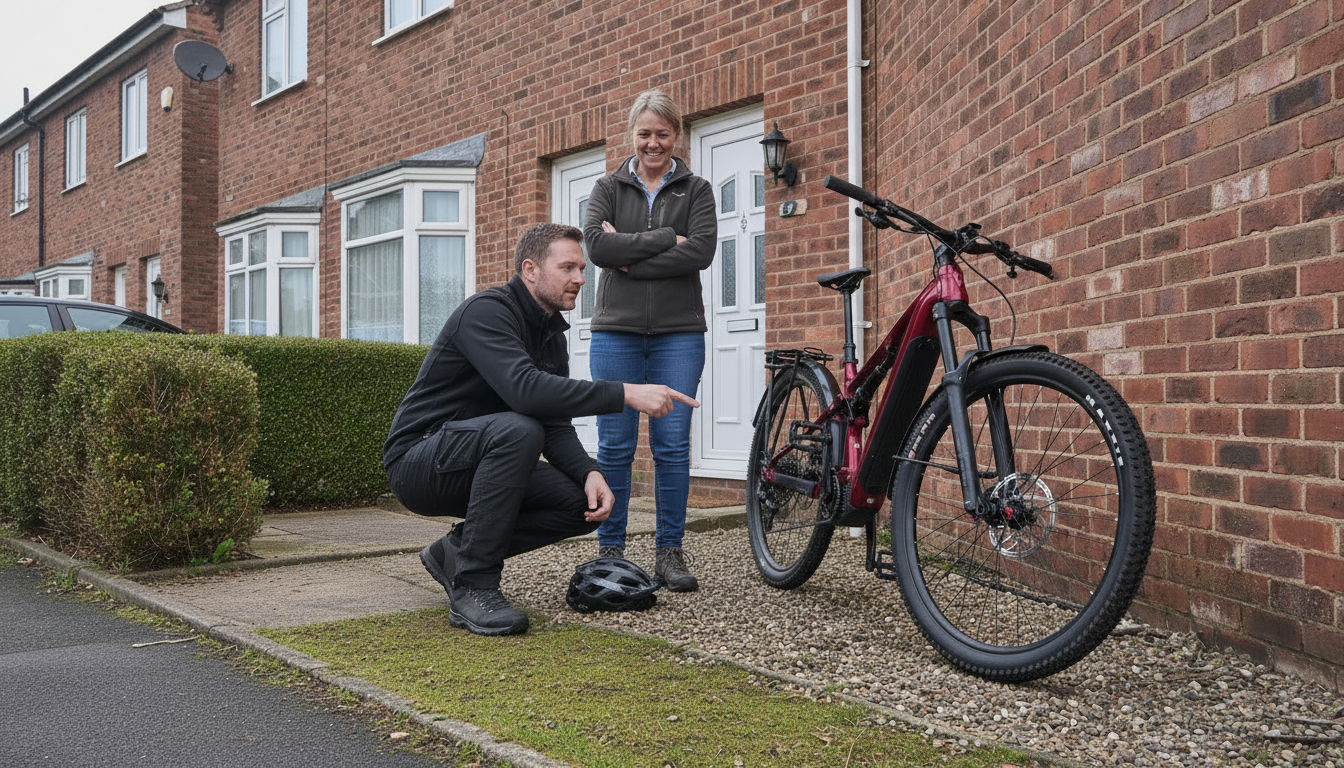a man kneeling down pointing at an e-bike resting against the wall of a house with a woman standing with her arms folded and smiling - how to spot a scam e-bike listing in the UK
