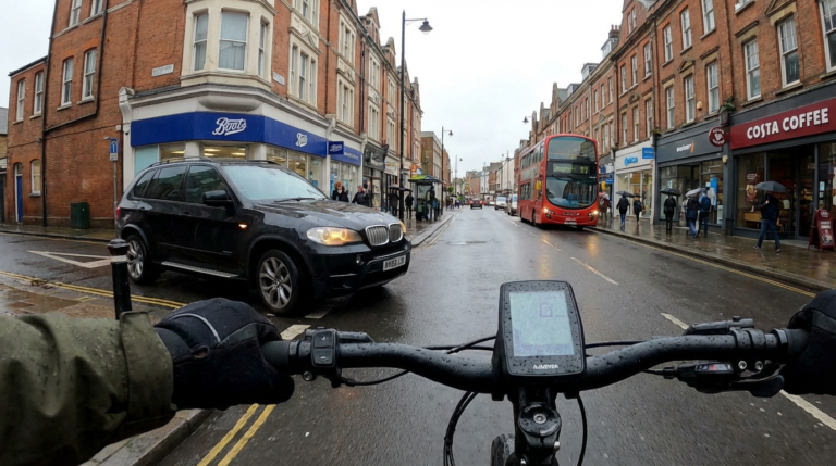 a car aboutnto pull out on an e-bike rider in a busy london high street - is it worth insuring a used e-bike