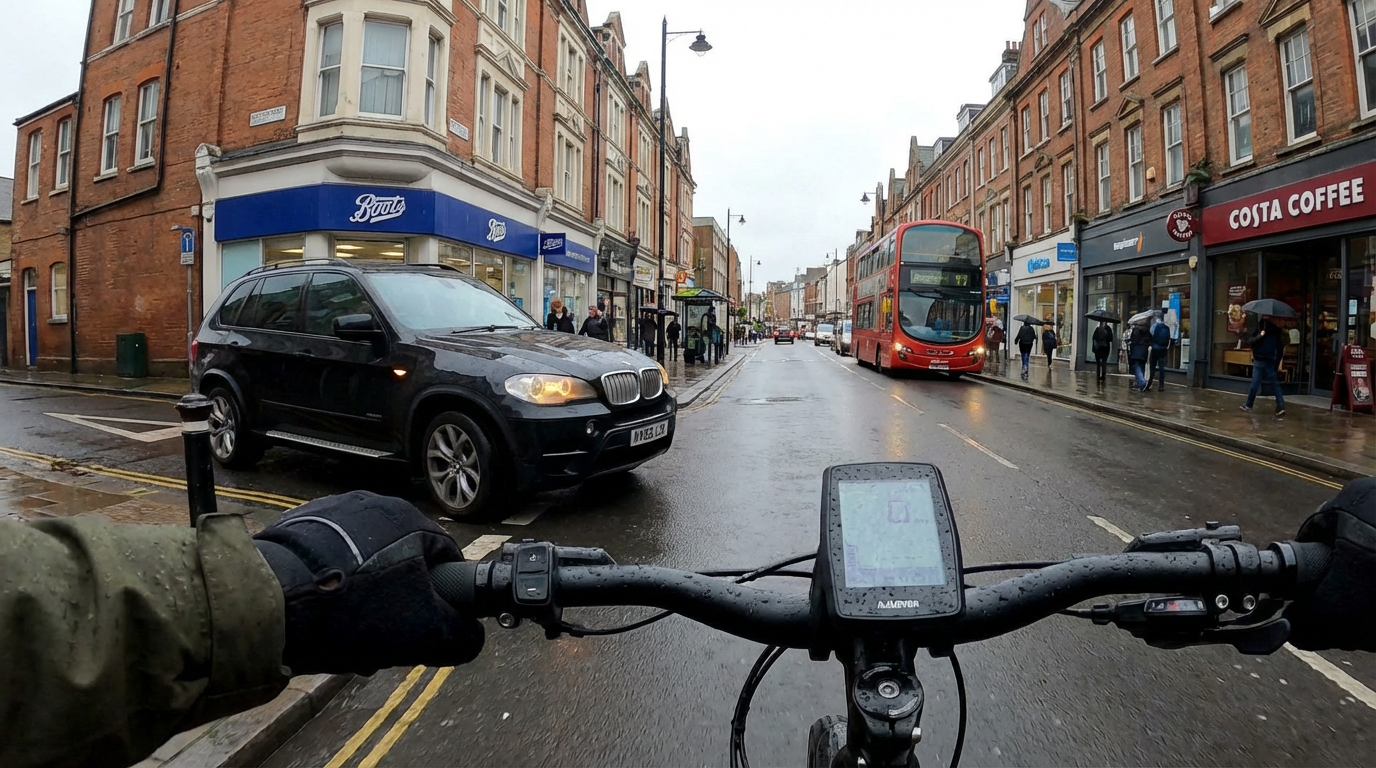 a car aboutnto pull out on an e-bike rider in a busy london high street - is it worth insuring a used e-bike