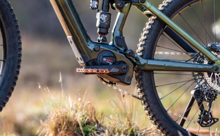 Close-up of a Bosch e-bike motor and crank area on a modern electric mountain bike