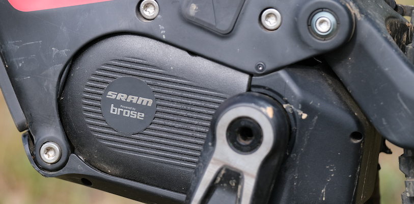 Close-up of a Brose e-bike motor and crank area on a modern electric mountain bike