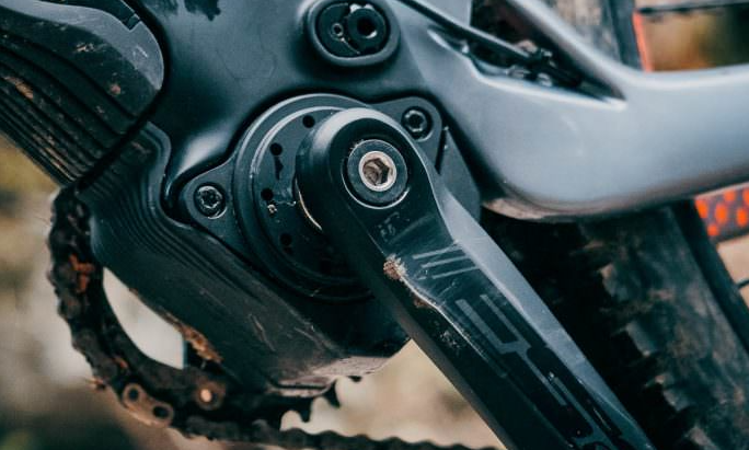 Close-up of a Fazua e-bike motor and crank area on a modern electric mountain bike