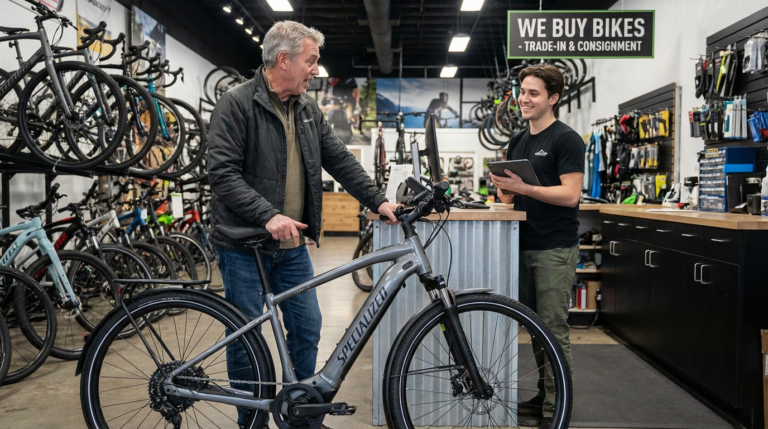 a person having their e-bike valuated in an e-bike shop - how much is you're e-bike worth