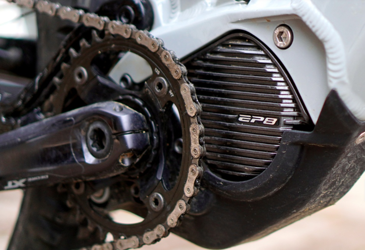 Close-up of a Shimano Steps EP8 e-bike motor and crank area on a modern electric mountain bike