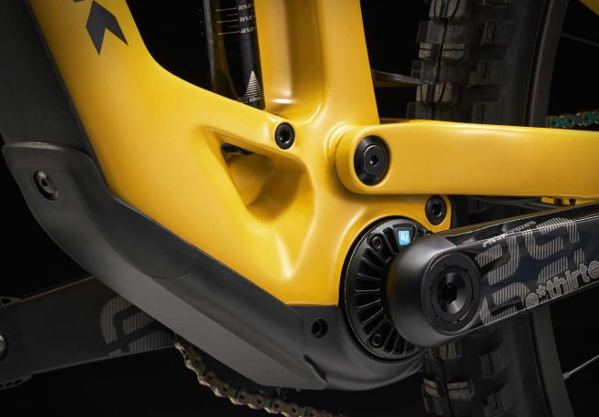 Close-up of a TQ e-bike motor and crank area on a modern electric mountain bike