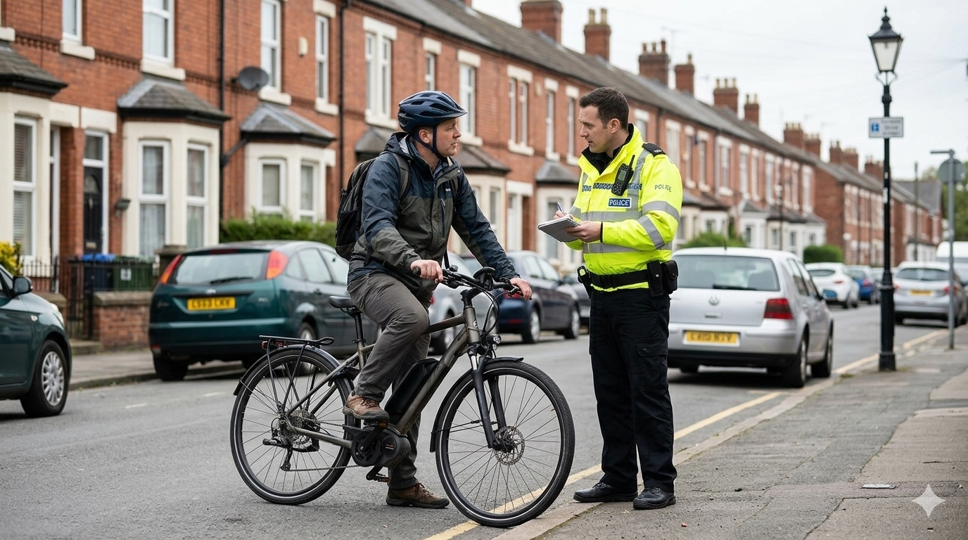 a policman talking to an e-bike rider - uk e-bike laws explained