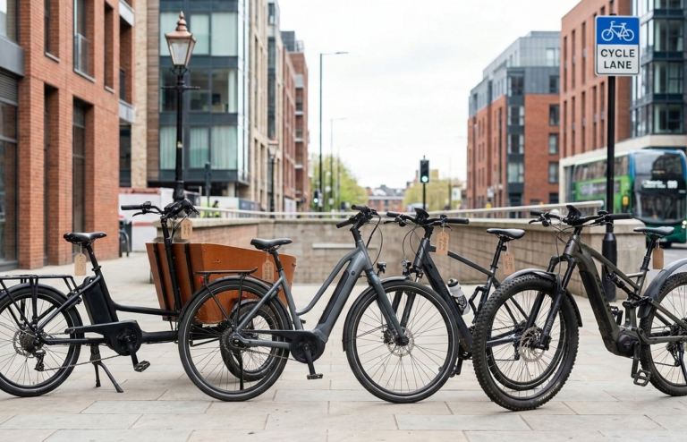 different second-hand e-bikes in a urban setting - used e-bike price guide UK