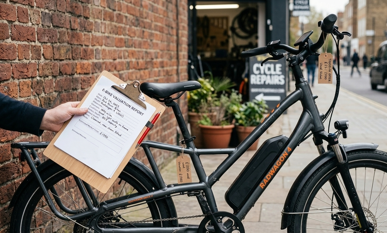 Used e-bike pricing evaluation showing electric bike with clipboard estimating value