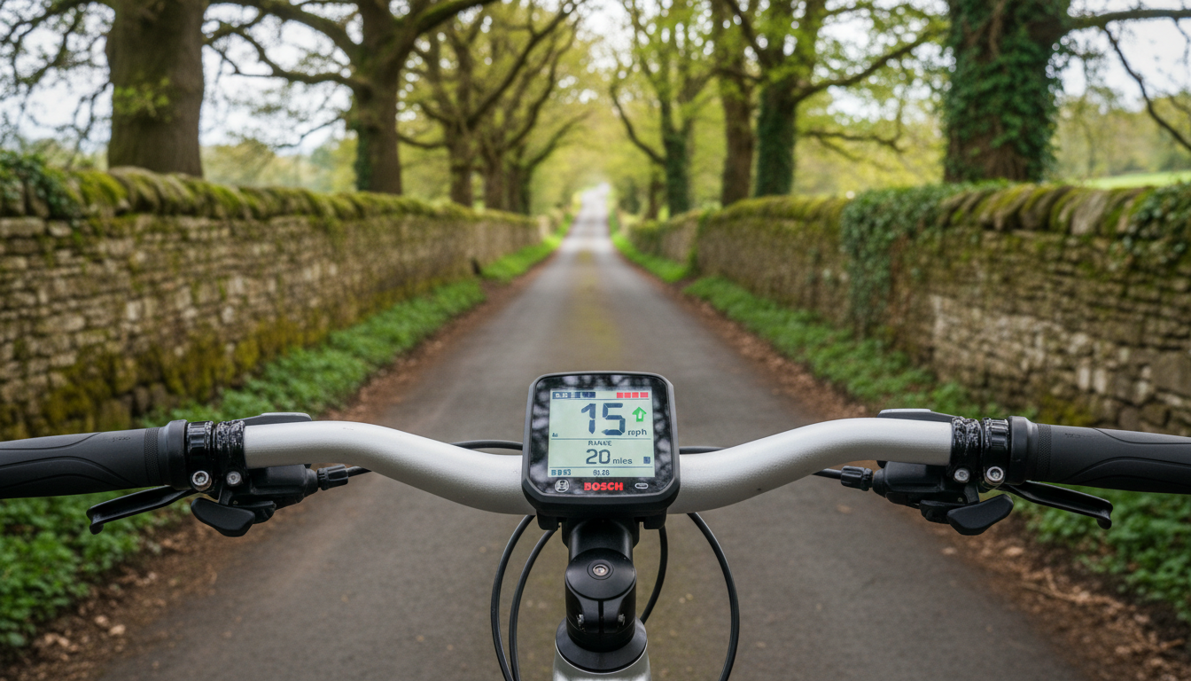 A electric bike display showing a low battery range
