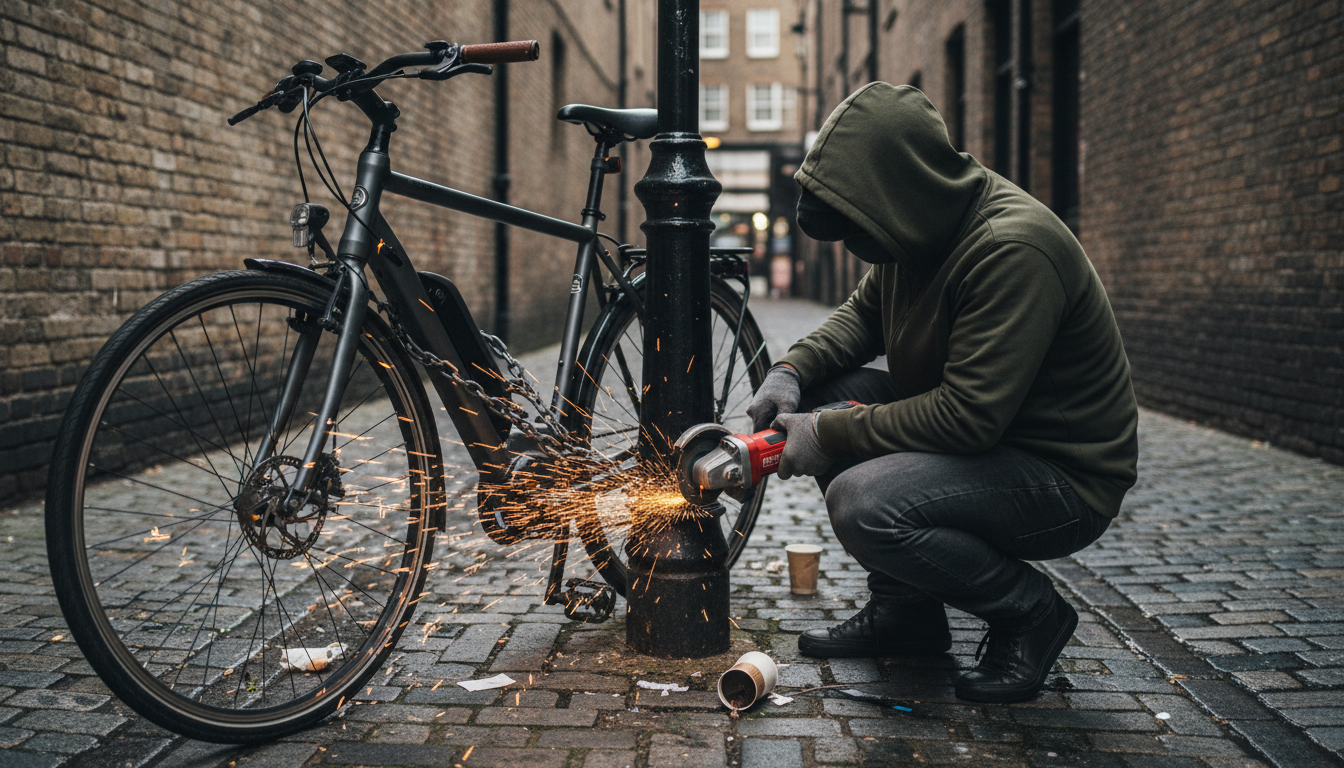 Thief cutting through an e-bike lock with an angle grinder