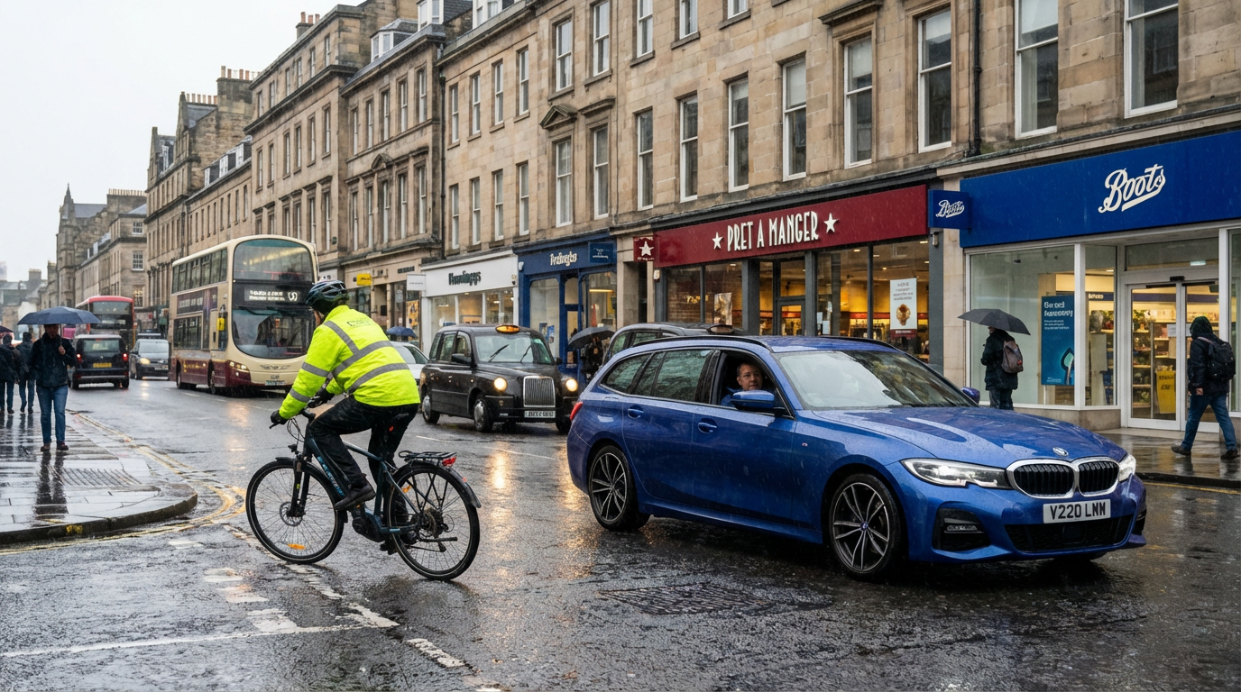 E-bike rider narrowly avoiding a collision with a car