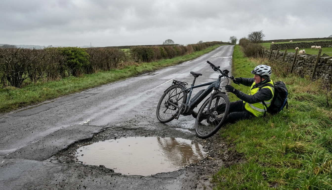 E-bike rider after falling due to a pothole