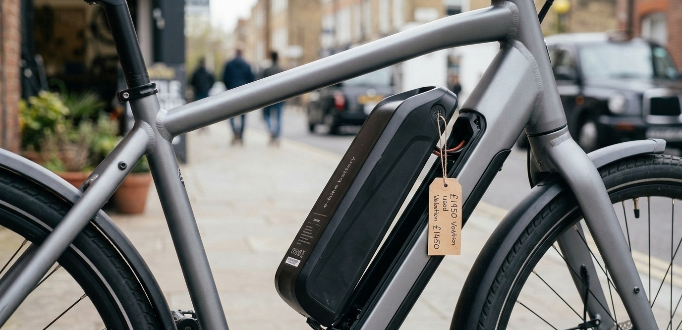 Close-up of an electric bike battery being removed from the frame showing integrated battery system