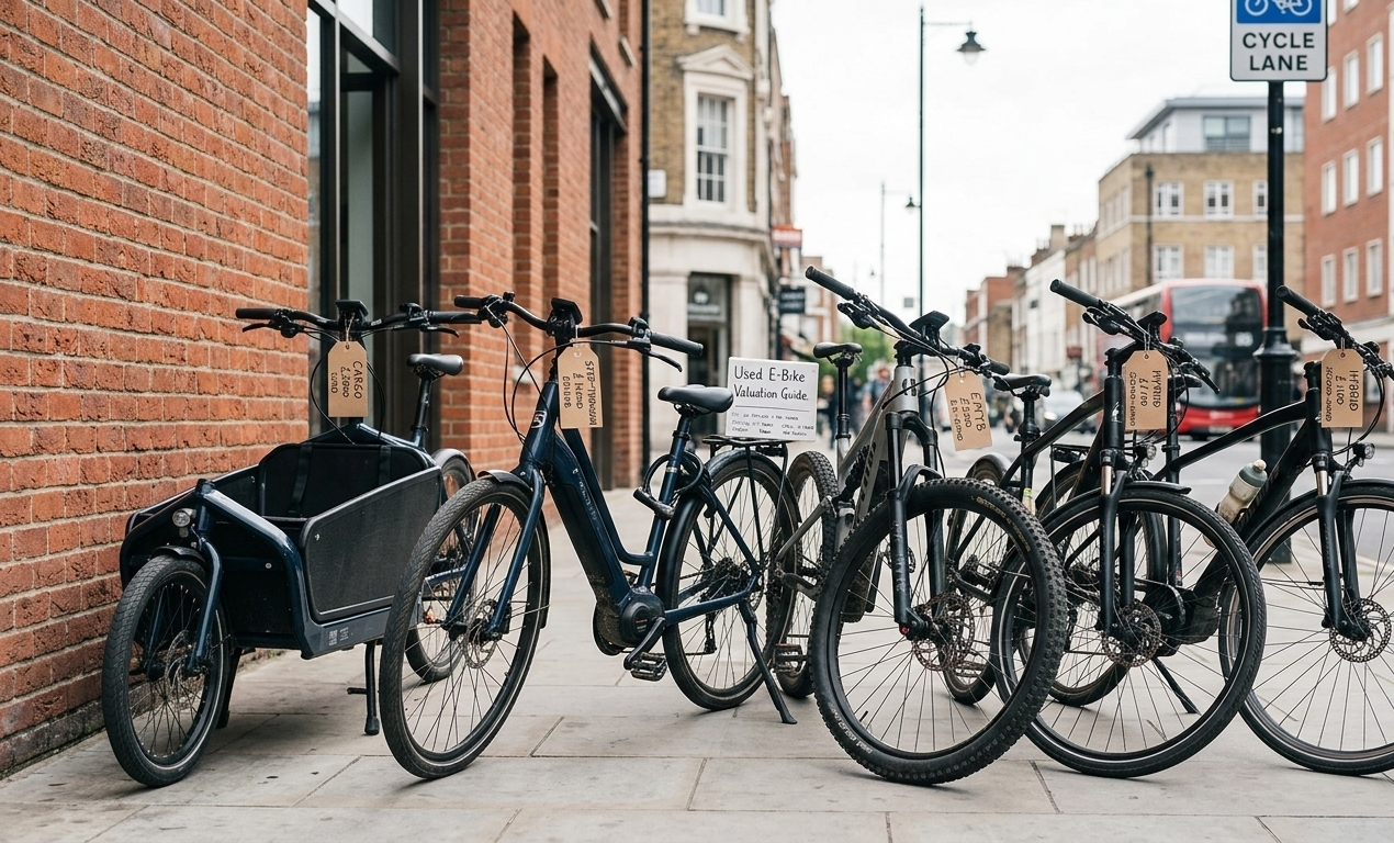 Different types of used electric bikes including commuter, cargo and mountain e-bikes outside a bike shop