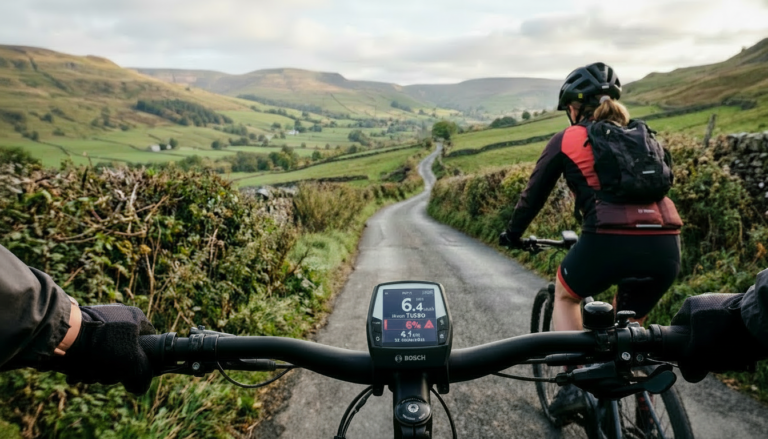 a pov image of an electric bike rider in the UK riding up a steep hill in the peak district - e-bike range calculator